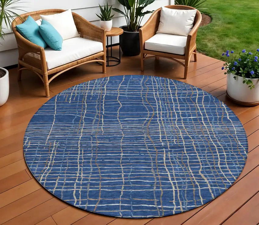 8' Navy Blue Gray And Brown Round Striped Washable Indoor Outdoor Area Rug Photo 1