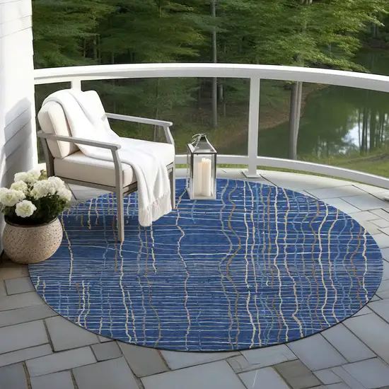 8' Navy Blue Gray And Brown Round Striped Washable Indoor Outdoor Area Rug Photo 6