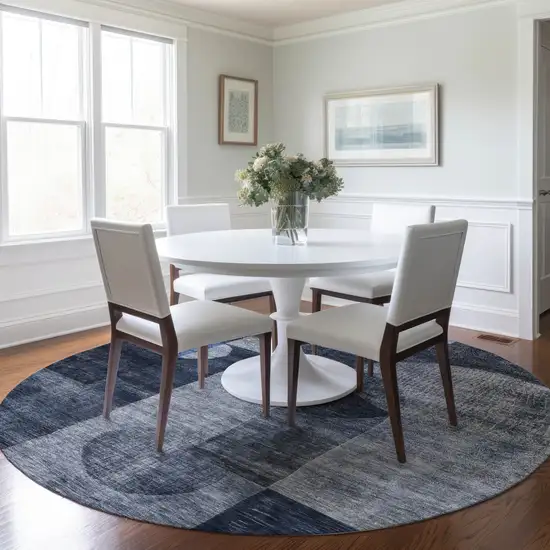 8' Navy Blue Gray And Charcoal Round Geometric Washable Indoor Outdoor Area Rug Photo 7