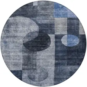 Photo of 8' Navy Blue Gray And Charcoal Round Geometric Washable Indoor Outdoor Area Rug