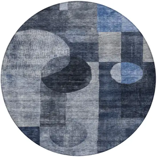 8' Navy Blue Gray And Charcoal Round Geometric Washable Indoor Outdoor Area Rug Photo 5