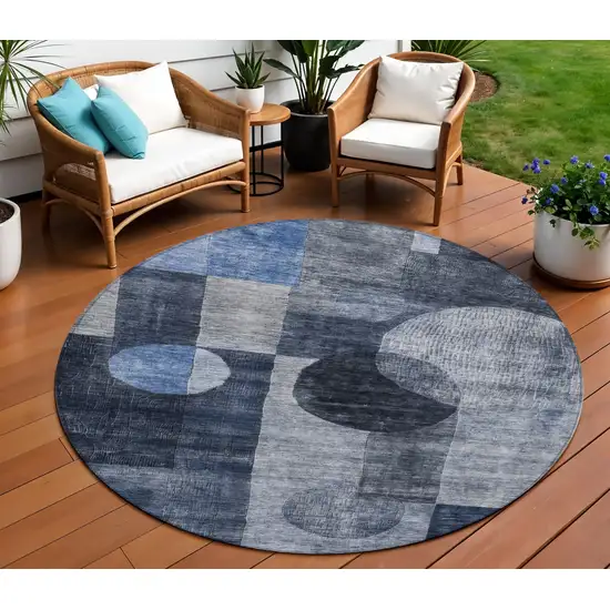 8' Navy Blue Gray And Charcoal Round Geometric Washable Indoor Outdoor Area Rug Photo 1