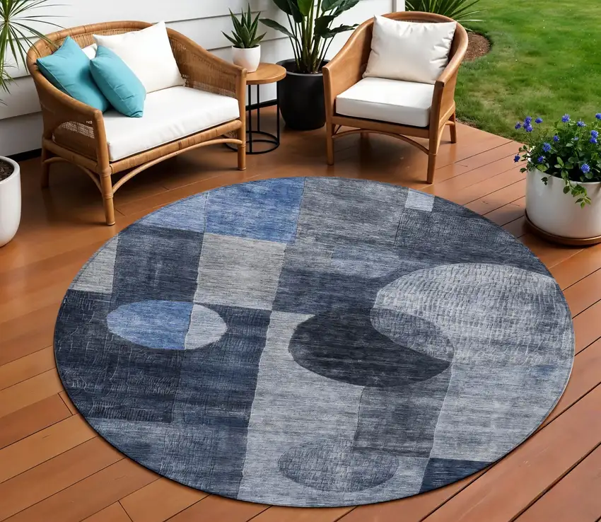 8' Navy Blue Gray And Charcoal Round Geometric Washable Indoor Outdoor Area Rug Photo 1