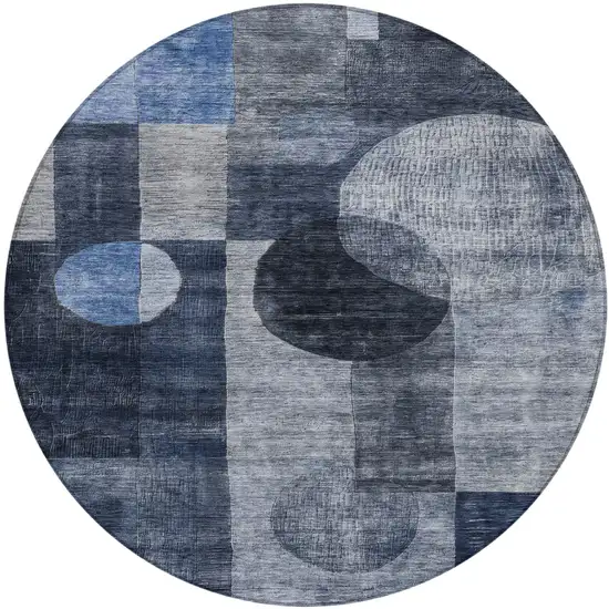 8' Navy Blue Gray And Charcoal Round Geometric Washable Indoor Outdoor Area Rug Photo 2
