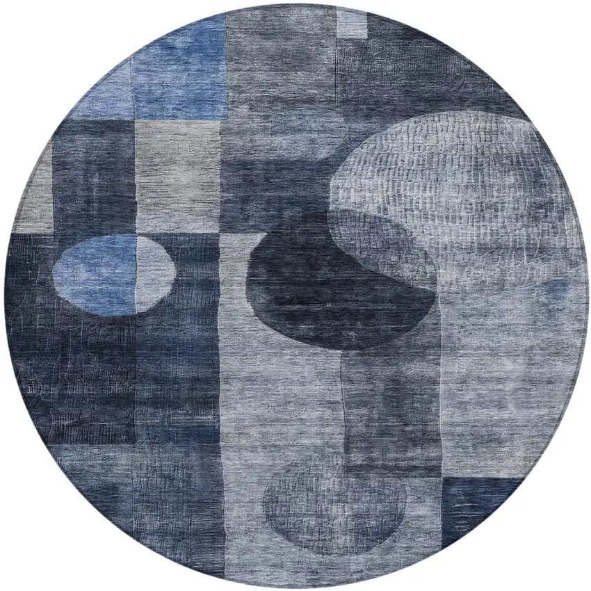 8' Navy Blue Gray And Charcoal Round Geometric Washable Indoor Outdoor Area Rug Photo 2