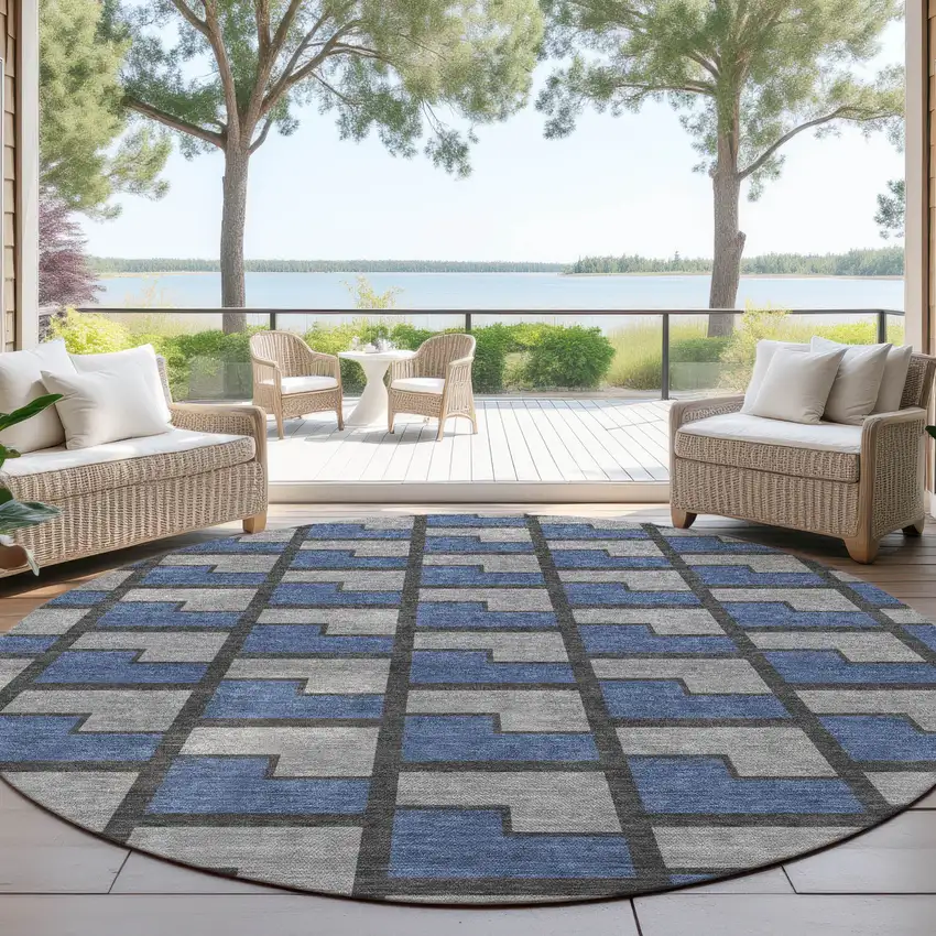 8' Navy Blue Gray And Charcoal Round Geometric Washable Indoor Outdoor Area Rug Photo 4