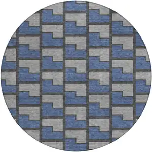 Photo of 8' Navy Blue Gray And Charcoal Round Geometric Washable Indoor Outdoor Area Rug