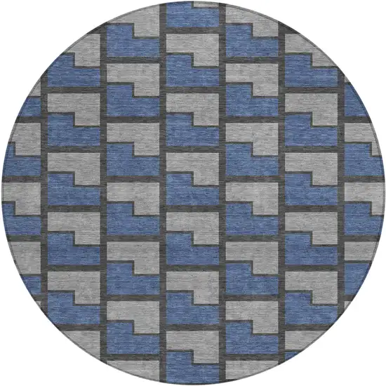 8' Navy Blue Gray And Charcoal Round Geometric Washable Indoor Outdoor Area Rug Photo 1