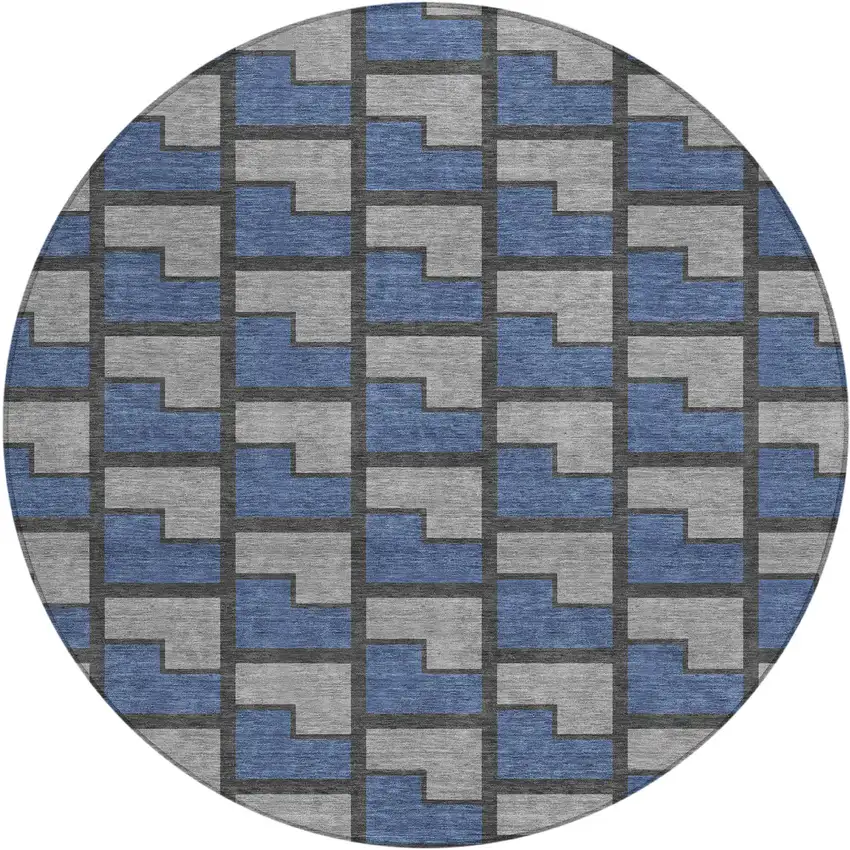 8' Navy Blue Gray And Charcoal Round Geometric Washable Indoor Outdoor Area Rug Photo 1