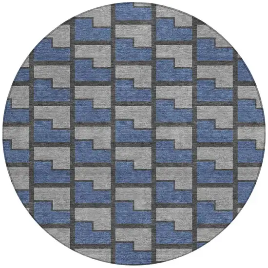 8' Navy Blue Gray And Charcoal Round Geometric Washable Indoor Outdoor Area Rug Photo 3
