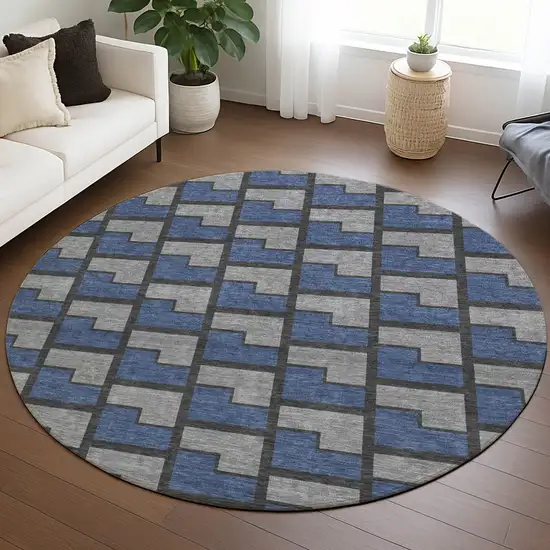 8' Navy Blue Gray And Charcoal Round Geometric Washable Indoor Outdoor Area Rug Photo 5