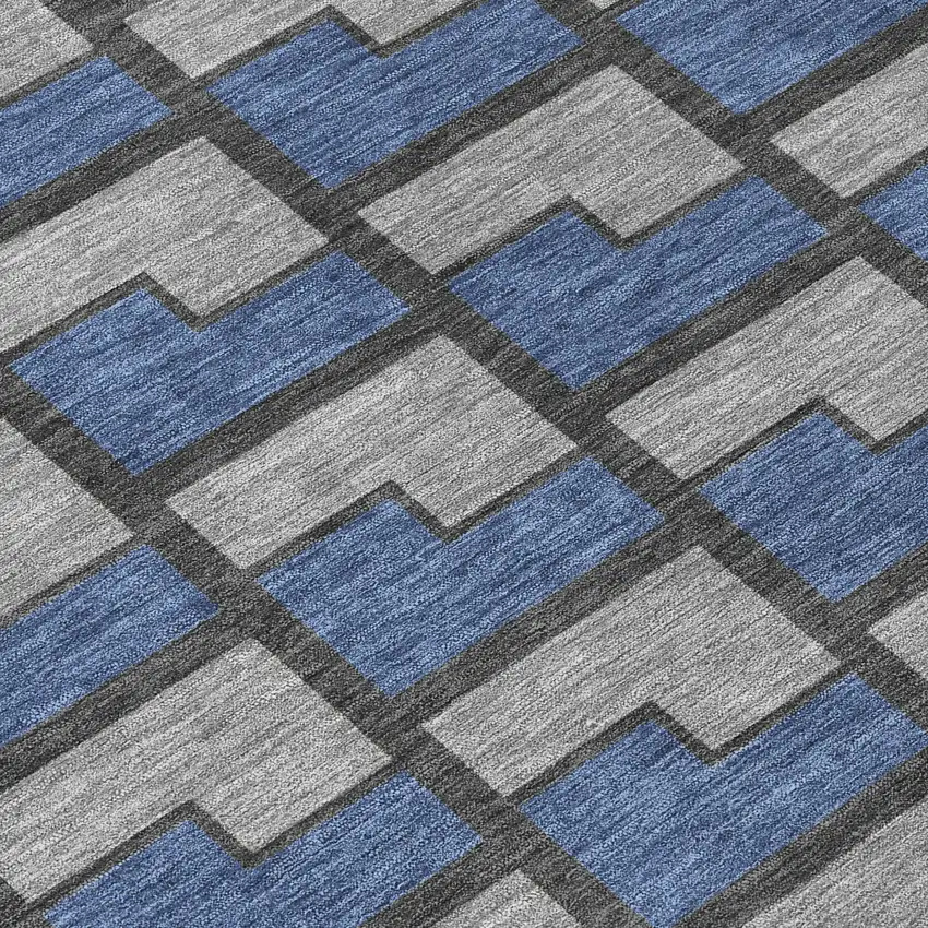 8' Navy Blue Gray And Charcoal Round Geometric Washable Indoor Outdoor Area Rug Photo 9