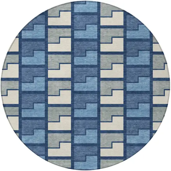8' Navy Blue Gray And Charcoal Round Geometric Washable Indoor Outdoor Area Rug Photo 3
