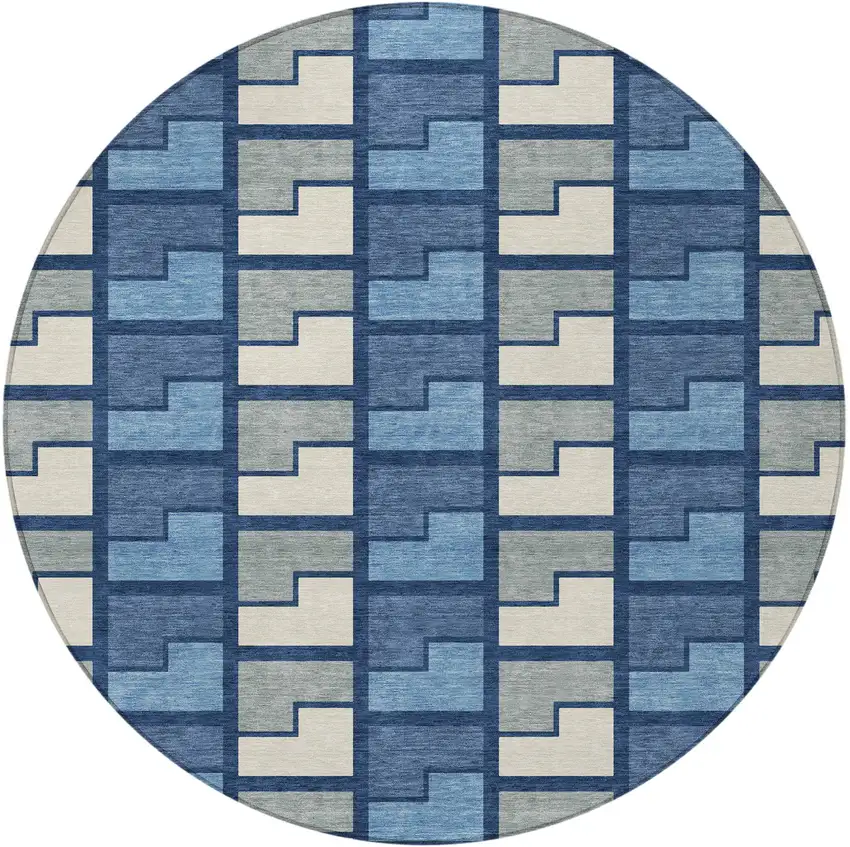 8' Navy Blue Gray And Charcoal Round Geometric Washable Indoor Outdoor Area Rug Photo 3