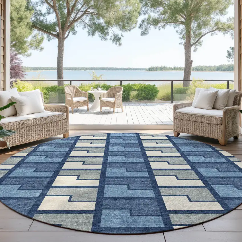 8' Navy Blue Gray And Charcoal Round Geometric Washable Indoor Outdoor Area Rug Photo 4