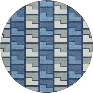 Photo of 8' Navy Blue Gray And Charcoal Round Geometric Washable Indoor Outdoor Area Rug
