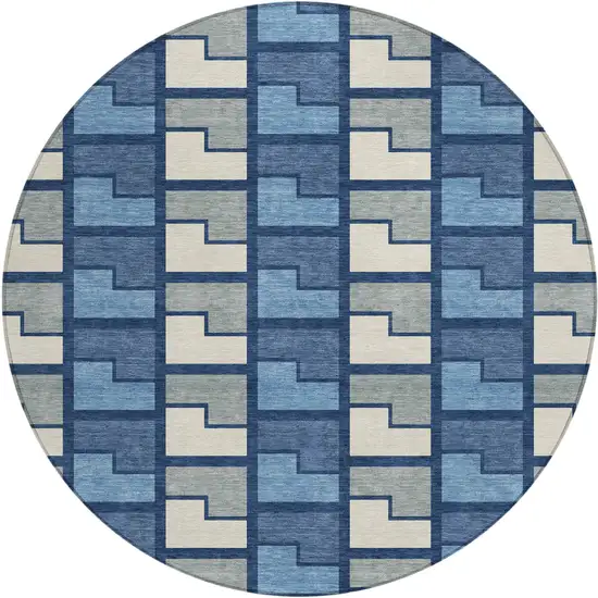 8' Navy Blue Gray And Charcoal Round Geometric Washable Indoor Outdoor Area Rug Photo 1