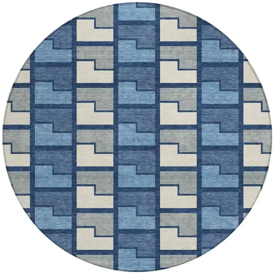 8' Navy Blue Gray And Charcoal Round Geometric Washable Indoor Outdoor Area Rug Photo 2