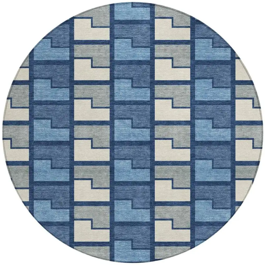 8' Navy Blue Gray And Charcoal Round Geometric Washable Indoor Outdoor Area Rug Photo 2