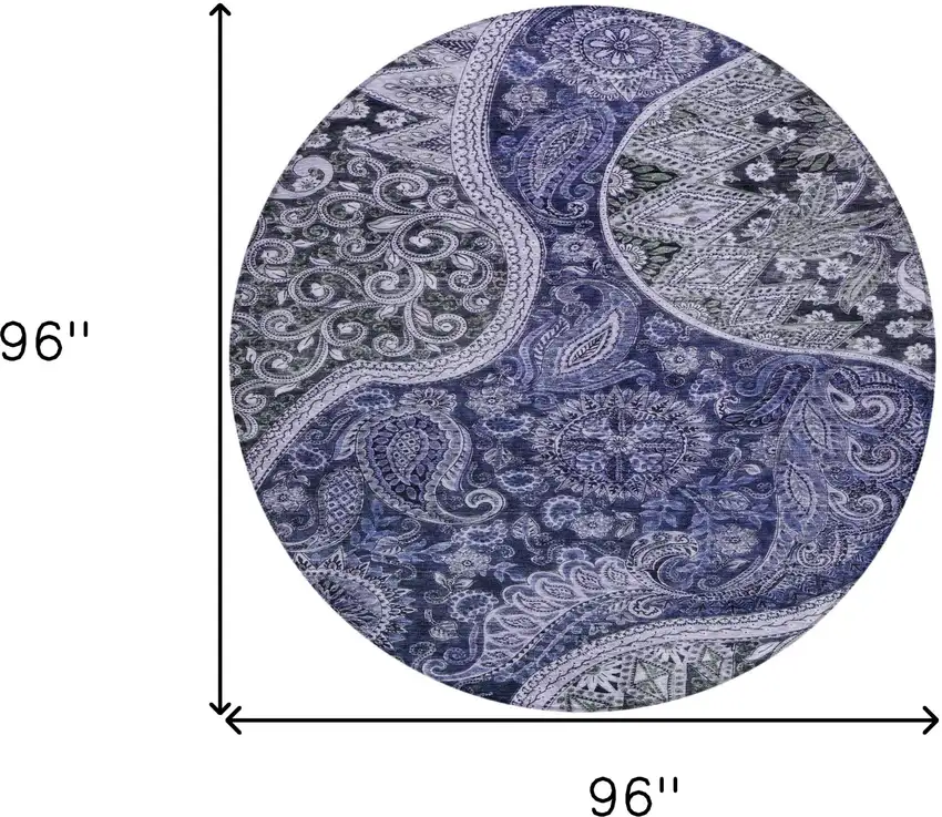 8' Navy Blue Gray And Green Round Floral Medallion Washable Indoor Outdoor Area Rug Photo 9