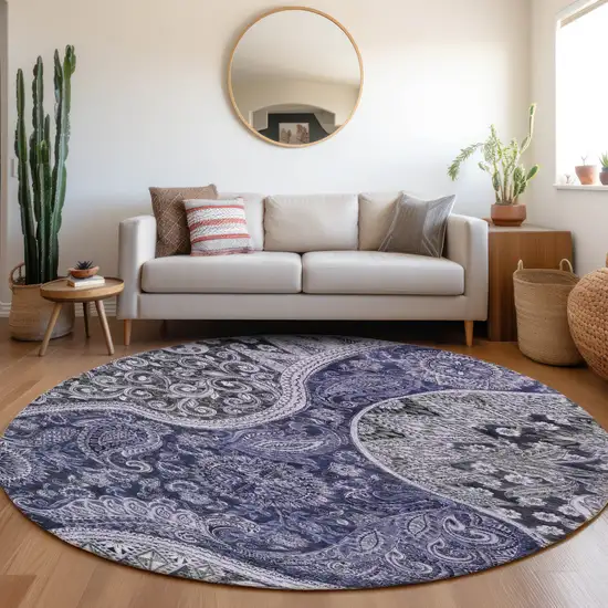 8' Navy Blue Gray And Green Round Floral Medallion Washable Indoor Outdoor Area Rug Photo 8