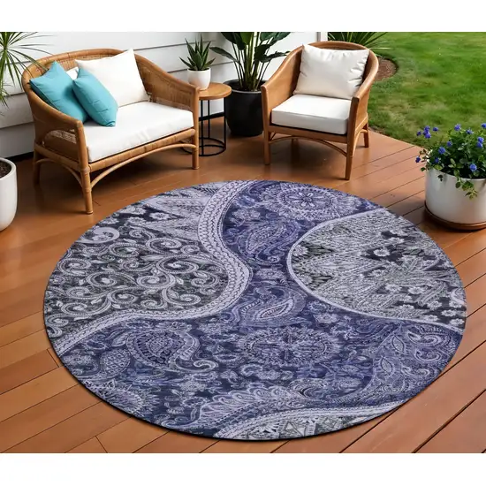8' Navy Blue Gray And Green Round Floral Medallion Washable Indoor Outdoor Area Rug Photo 1
