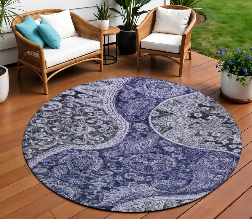 8' Navy Blue Gray And Green Round Floral Medallion Washable Indoor Outdoor Area Rug Photo 1