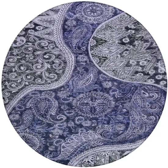 8' Navy Blue Gray And Green Round Floral Medallion Washable Indoor Outdoor Area Rug Photo 5