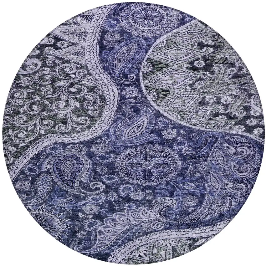 8' Navy Blue Gray And Green Round Floral Medallion Washable Indoor Outdoor Area Rug Photo 5
