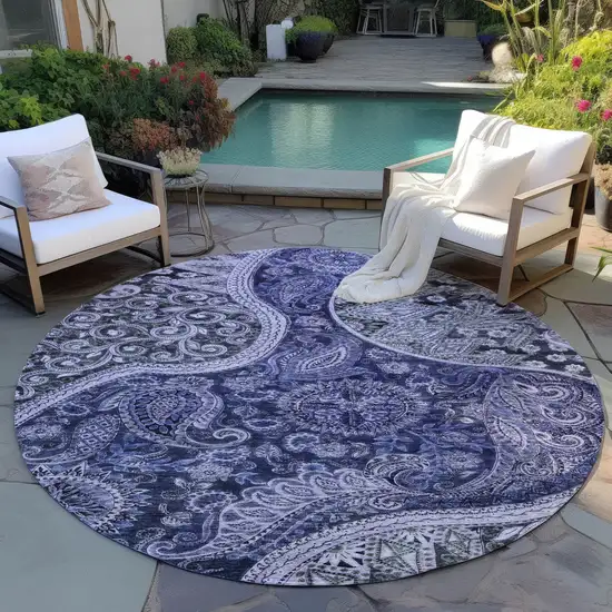 8' Navy Blue Gray And Green Round Floral Medallion Washable Indoor Outdoor Area Rug Photo 7