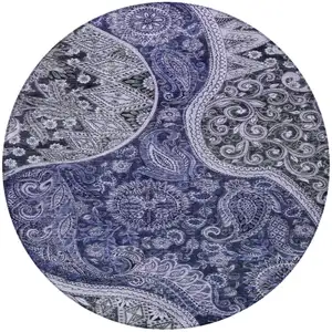 Photo of 8' Navy Blue Gray And Green Round Floral Medallion Washable Indoor Outdoor Area Rug