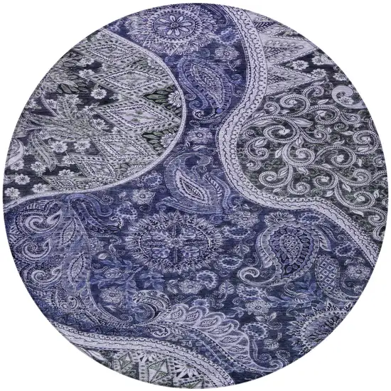 8' Navy Blue Gray And Green Round Floral Medallion Washable Indoor Outdoor Area Rug Photo 6