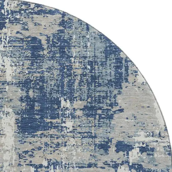 8' Navy Blue Gray And Ivory Abstract Washable Round Rug With UV Protection Photo 3