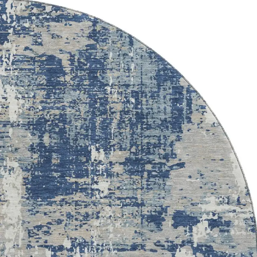 8' Navy Blue Gray And Ivory Abstract Washable Round Rug With UV Protection Photo 3