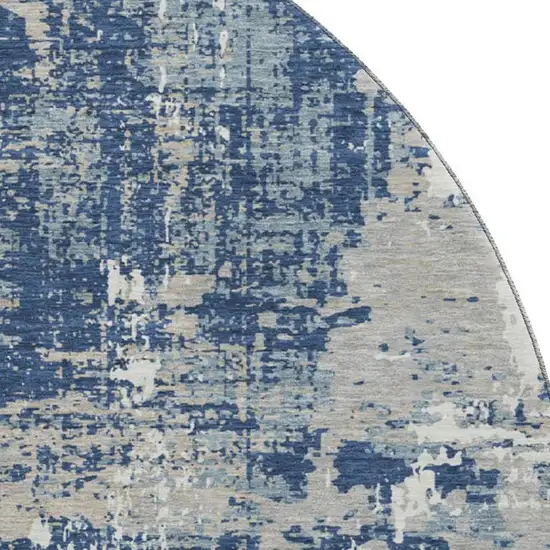 8' Navy Blue Gray And Ivory Abstract Washable Round Rug With UV Protection Photo 2