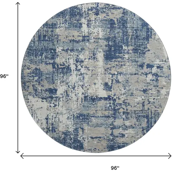 8' Navy Blue Gray And Ivory Abstract Washable Round Rug With UV Protection Photo 9