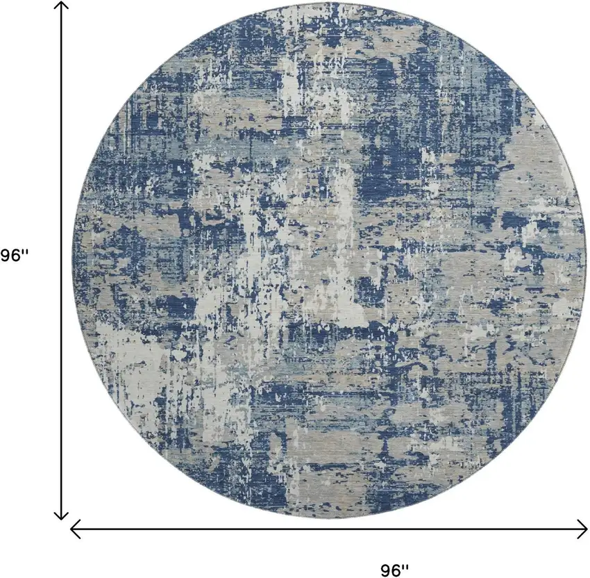 8' Navy Blue Gray And Ivory Abstract Washable Round Rug With UV Protection Photo 9