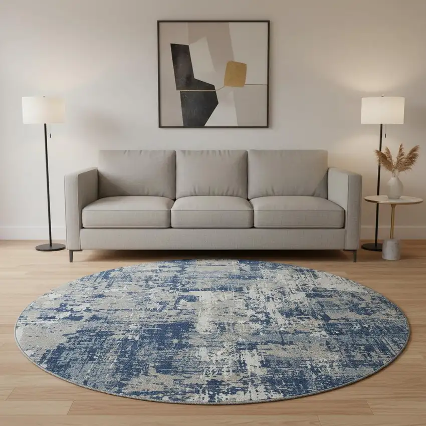 8' Navy Blue Gray And Ivory Abstract Washable Round Rug With UV Protection Photo 2