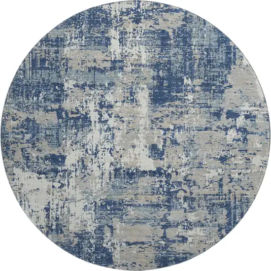 8' Navy Blue Gray And Ivory Abstract Washable Round Rug With UV Protection Photo 1