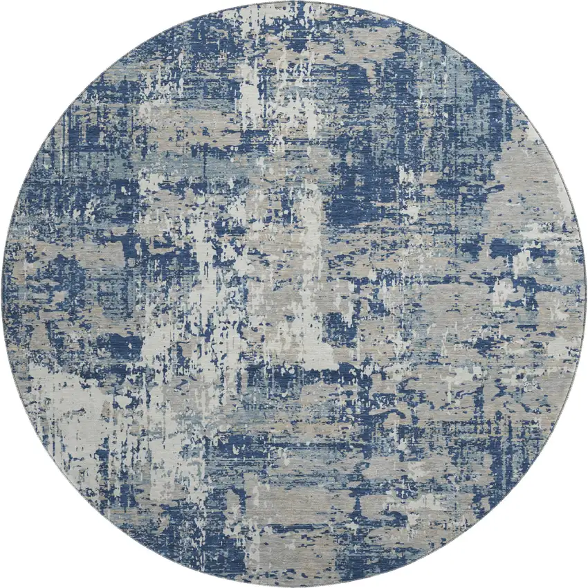 8' Navy Blue Gray And Ivory Abstract Washable Round Rug With UV Protection Photo 1