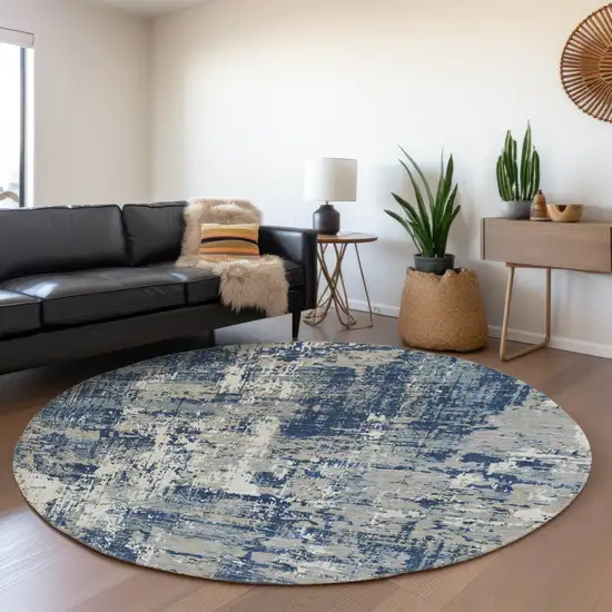 8' Navy Blue Gray And Ivory Abstract Washable Round Rug With UV Protection Photo 4