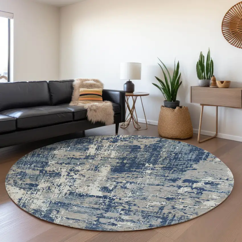 8' Navy Blue Gray And Ivory Abstract Washable Round Rug With UV Protection Photo 4