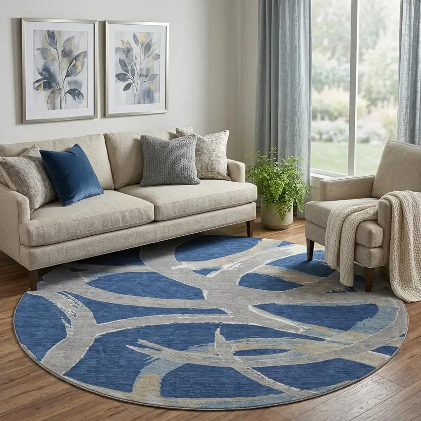 8' Navy Blue Gray And Ivory Abstract Washable Round Rug With UV Protection Photo 1