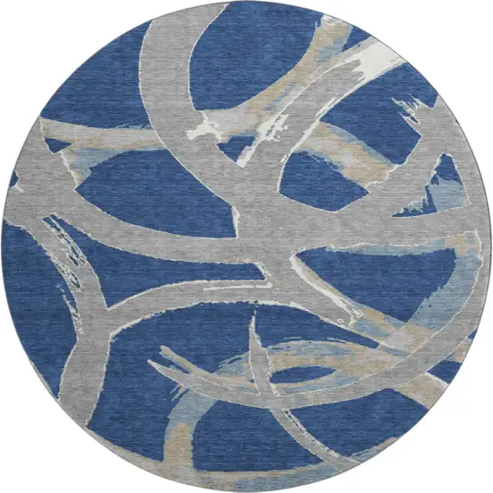 8' Navy Blue Gray And Ivory Abstract Washable Round Rug With UV Protection Photo 1