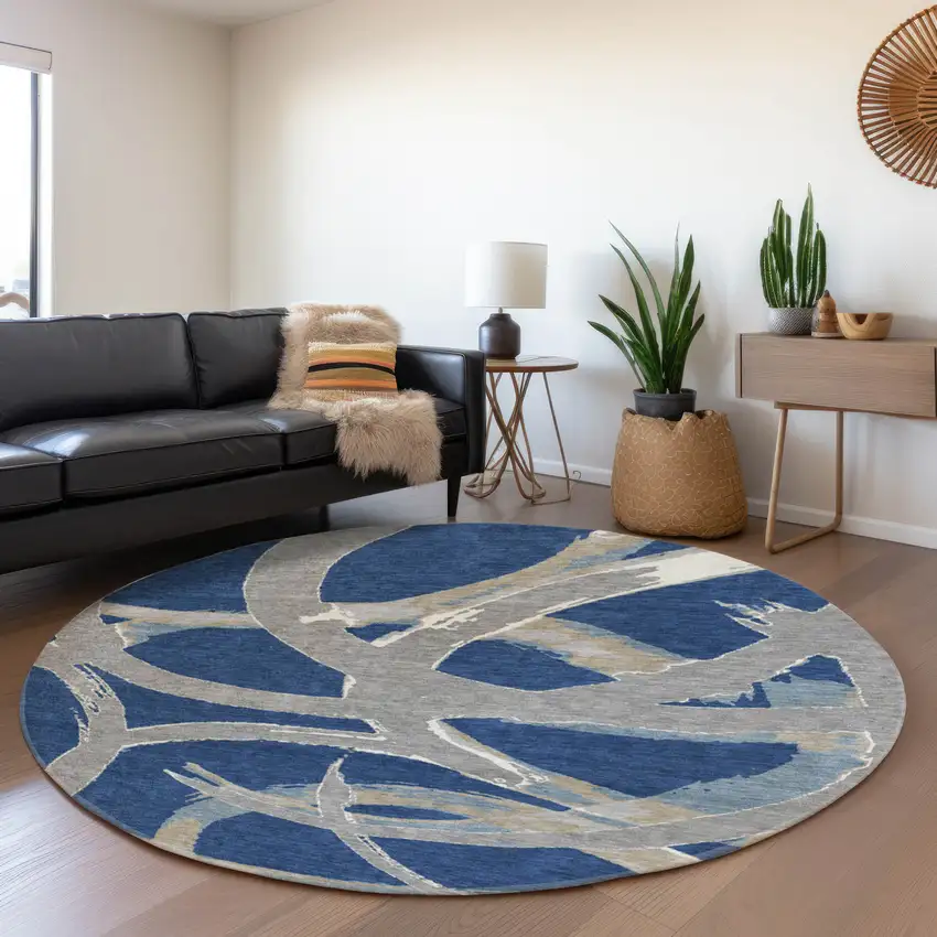 8' Navy Blue Gray And Ivory Abstract Washable Round Rug With UV Protection Photo 4