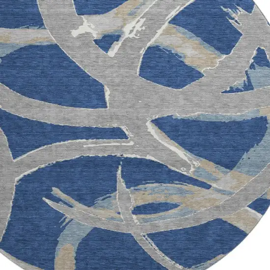 8' Navy Blue Gray And Ivory Abstract Washable Round Rug With UV Protection Photo 2
