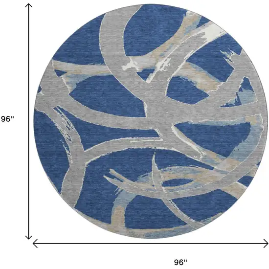 8' Navy Blue Gray And Ivory Abstract Washable Round Rug With UV Protection Photo 9