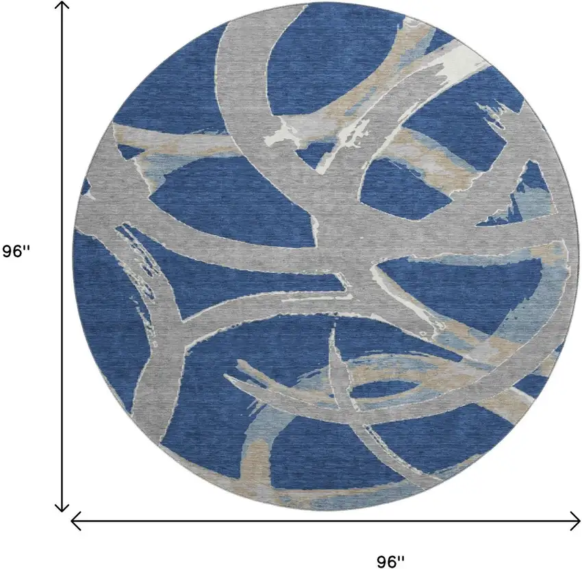 8' Navy Blue Gray And Ivory Abstract Washable Round Rug With UV Protection Photo 9
