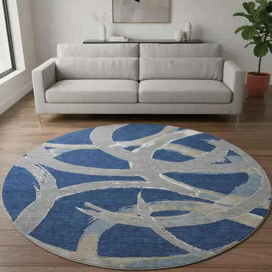 8' Navy Blue Gray And Ivory Abstract Washable Round Rug With UV Protection Photo 2