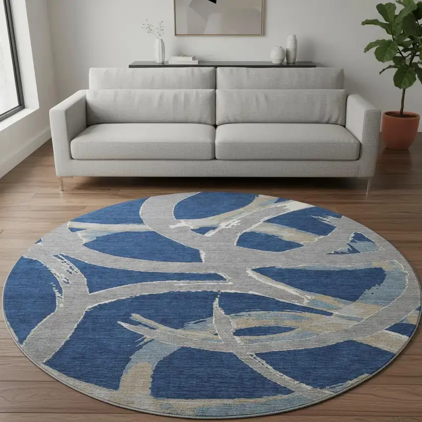 8' Navy Blue Gray And Ivory Abstract Washable Round Rug With UV Protection Photo 2